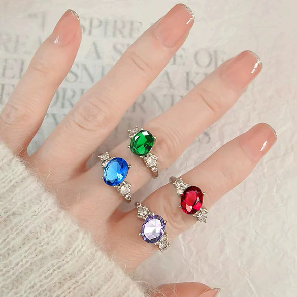 Women's Jewelry Geometric Sapphire Ring Inlaid With Colorful Ruby Emerald Copper Electroplating