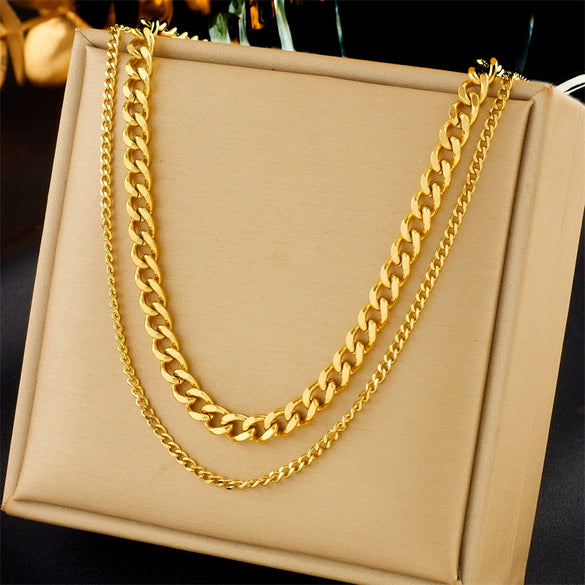 Women's Jewelry Necklace Titanium Steel Gold Plated Double Layer Stacked Chain Punk Hip Hop Style