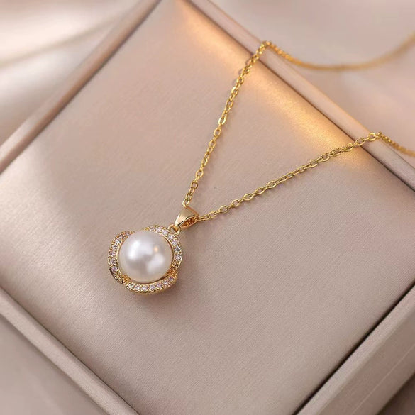 Women's Jewelry Pearl Gemstone Diamond Pendant Necklace Earring Set Titanium Steel Flower Pattern Simple Highend Electroplated