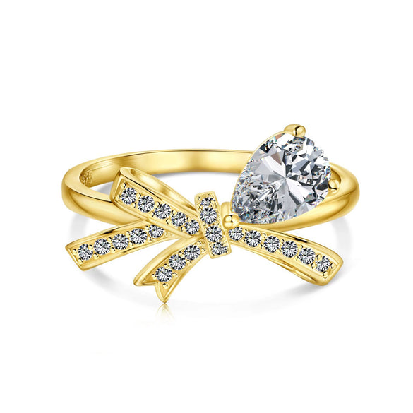 Women's Jewelry S925 Sterling Silver Closed Ring With Water Drop Zircon Inlaid Bow Shape Design Electroplated