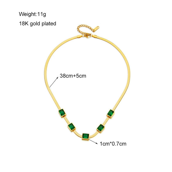 Women's Jewelry Set Emerald Square Sugar Titanium Steel Necklace And Bracelet With Mixed Gem Inlay And Electroplating