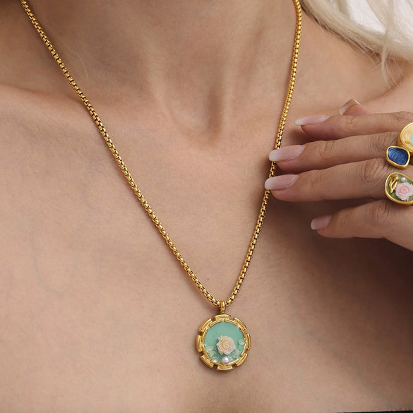 Women's Jewelry Set Ferris Wheel Rose Enamel Color Titanium Steel Electroplated Necklace And Ring