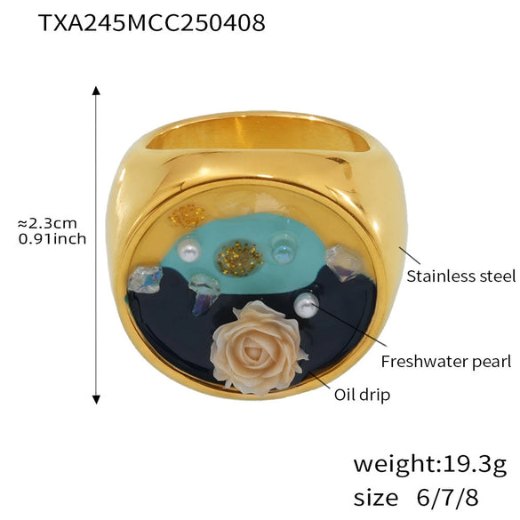 Women's Jewelry Set Ferris Wheel Rose Enamel Color Titanium Steel Electroplated Necklace And Ring