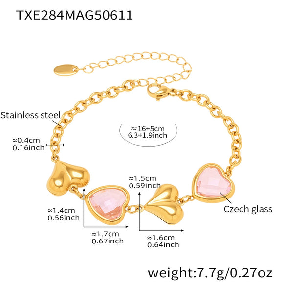 Women's Jewelry Set 316L Stainless Steel Plated 18K Real Gold Heartshaped Czech Glass Necklace Bracelet Earrings Electroplated