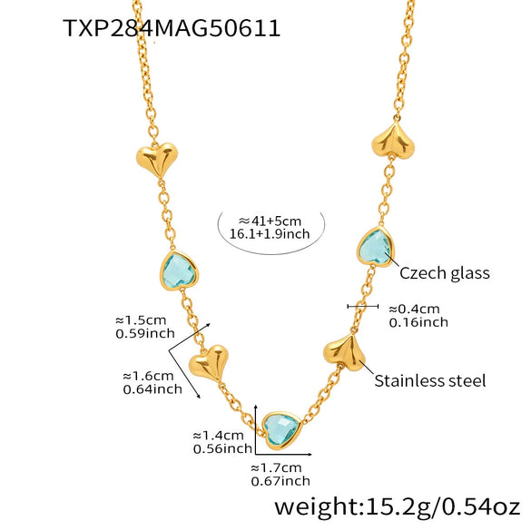 Women's Jewelry Set 316L Stainless Steel Plated 18K Real Gold Heartshaped Czech Glass Necklace Bracelet Earrings Electroplated