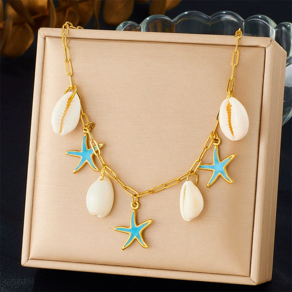Women's Jewelry Set Stainless Steel Shell Starfish Oil Drop With Marine Life Pattern Electroplated Box Chain