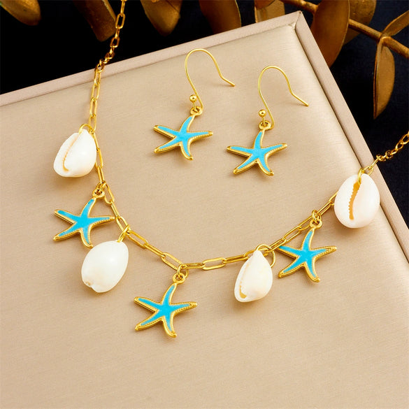 Women's Jewelry Set Stainless Steel Shell Starfish Oil Drop With Marine Life Pattern Electroplated Box Chain