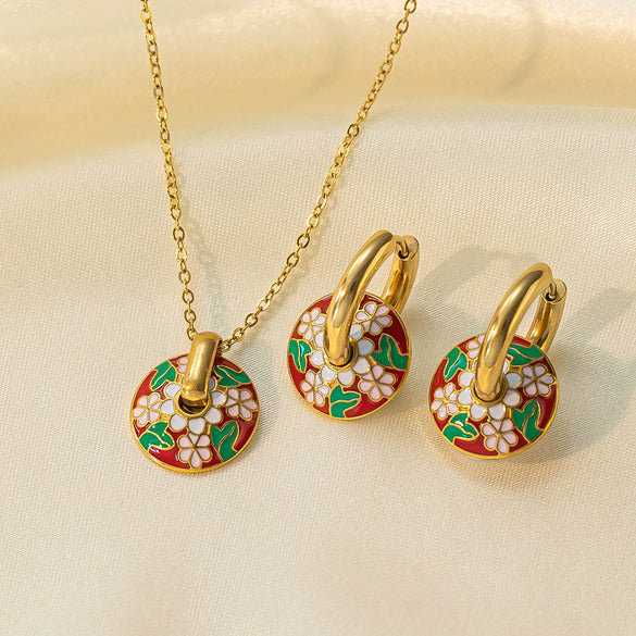 Women's Jewelry Set Titanium Steel Plants And Flowers Pattern Electroplating Earrings And Necklaces
