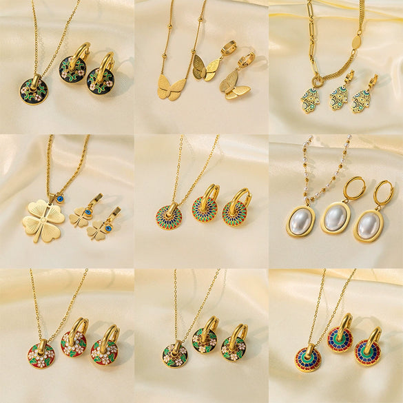 Women's Jewelry Set Titanium Steel Plants And Flowers Pattern Electroplating Earrings And Necklaces