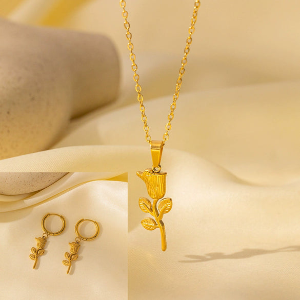 Women's Jewelry Set Titanium Steel Plants And Flowers Pattern Electroplating Earrings And Necklaces