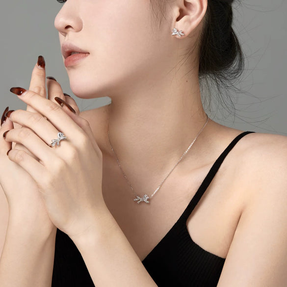 Women's Jewelry Set With 925 Sterling Silver Love Zircon Inlaid Bow Heart Water Drop And Bell Shapes Light Luxury Style Electroplated