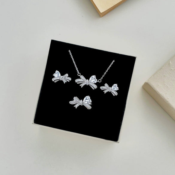 Women's Jewelry Set With 925 Sterling Silver Love Zircon Inlaid Bow Heart Water Drop And Bell Shapes Light Luxury Style Electroplated