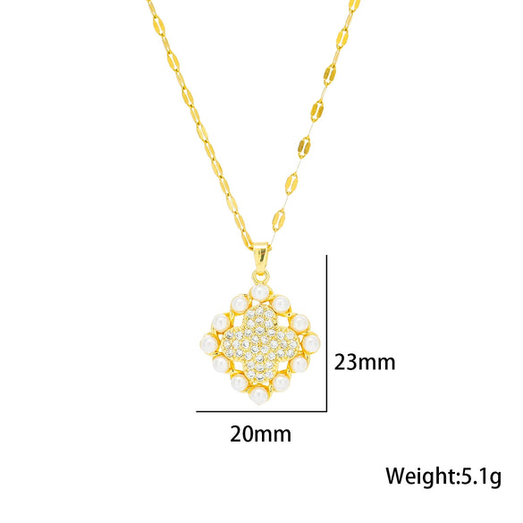 Women's Jewelry Set With Titanium Steel Fourleaf Clover Pendant Electroplated In Vacuum Furnace Geometric Style With Pearl And Diamond