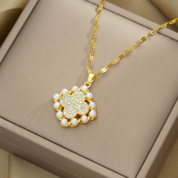 Women's Jewelry Set With Titanium Steel Fourleaf Clover Pendant Electroplated In Vacuum Furnace Geometric Style With Pearl And Diamond