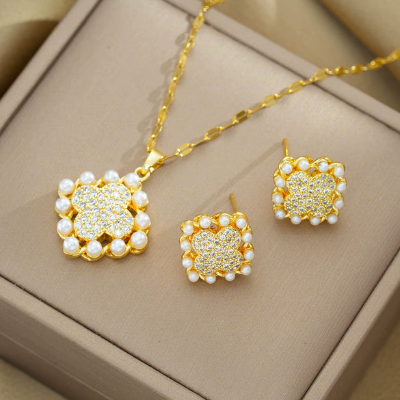Women's Jewelry Set With Titanium Steel Fourleaf Clover Pendant Electroplated In Vacuum Furnace Geometric Style With Pearl And Diamond