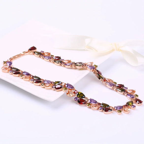 Women's Jewelry Set Zircon Plant Flowers Glass Design Necklace Earrings