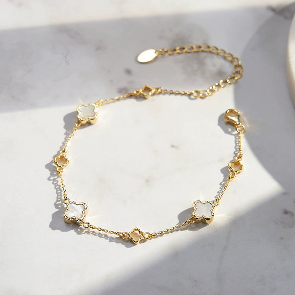Women's Jewelry Shell Pearl Fourleaf Clover S925 Sterling Silver Electroplated Geometric Bracelet