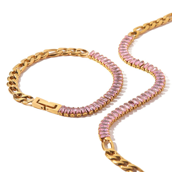 Women's Jewelry Stainless Steel And Titanium Steel With Colorful Zircon Inlaid Geometric Pattern Necklace Bracelet