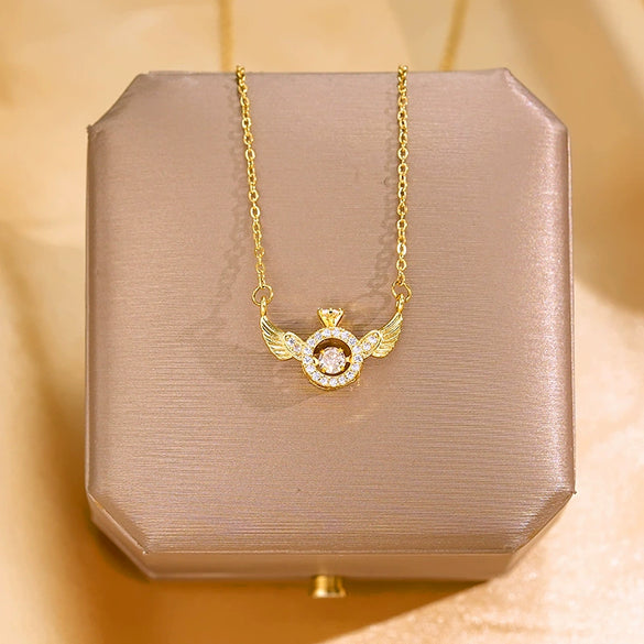 Women's Jewelry Titanium Steel Copper Light Luxury Angel Wings Pendant Necklace With Cross Chain And Diamond Design Real Gold Electroplated