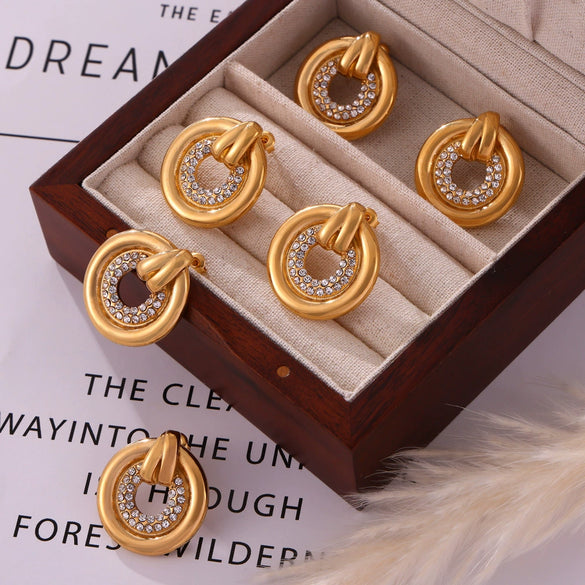 Women's Jewelry 316L Stainless Steel Geometric Gold Plated Earrings And Hollow Diamond Ring