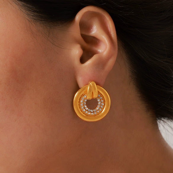 Women's Jewelry 316L Stainless Steel Geometric Gold Plated Earrings And Hollow Diamond Ring