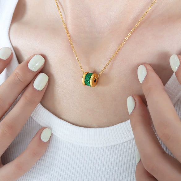 Women's Jewelry 316L Stainless Steel Pendant Necklace With Green Zircon Mixed Gem Inlay Geometric Style Gold Plated Cross Chain