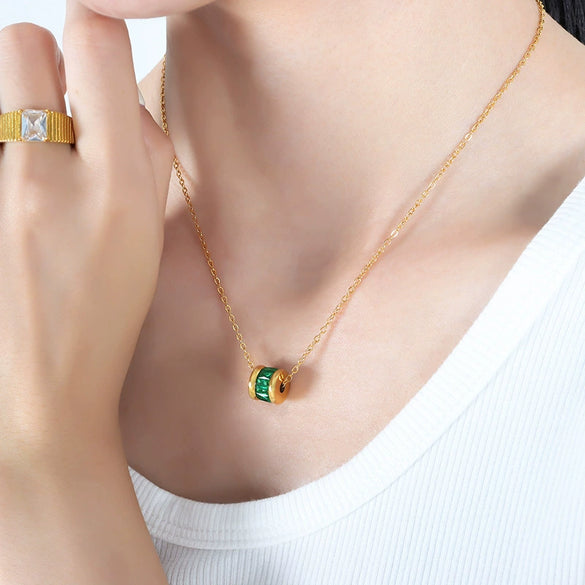 Women's Jewelry 316L Stainless Steel Pendant Necklace With Green Zircon Mixed Gem Inlay Geometric Style Gold Plated Cross Chain