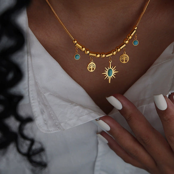 Women's Jewelry Titanium Steel Turquoise Pendant Necklace Bracelet With Irregular Sun Shape And Flower Pattern Electroplated