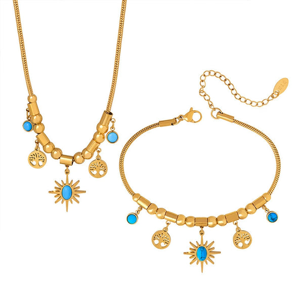 Women's Jewelry Titanium Steel Turquoise Pendant Necklace Bracelet With Irregular Sun Shape And Flower Pattern Electroplated