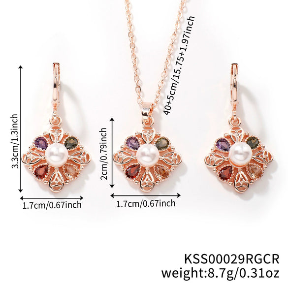 Women's Jewelry Twopiece Set With O Chain Stainless Steel Copper Zircon Glass Plants And Flowers Electroplated
