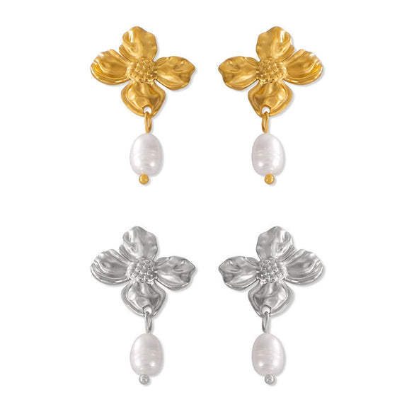 Women's 18K Gold And 925 Silver Freshwater Pearl Pendant Earrings With Geometric And Flower Design And Electroplating Treatment