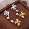 Women's 18K Gold And 925 Silver Freshwater Pearl Pendant Earrings With Geometric And Flower Design And Electroplating Treatment