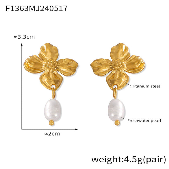 Women's 18K Gold And 925 Silver Freshwater Pearl Pendant Earrings With Geometric And Flower Design And Electroplating Treatment