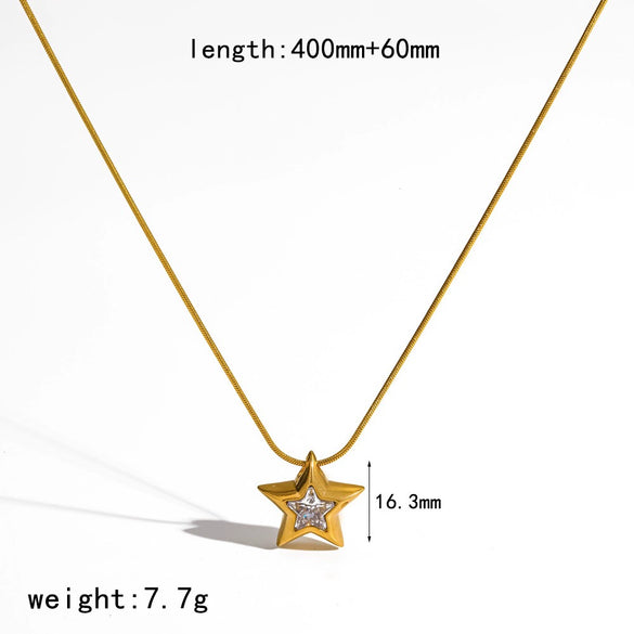 Women's 18K Gold Colored Diamond Encrusted Stainless Steel Titanium Steel Star Necklace With Pvd Furnace Vacuum Real Gold Plating And Round Snake Chain