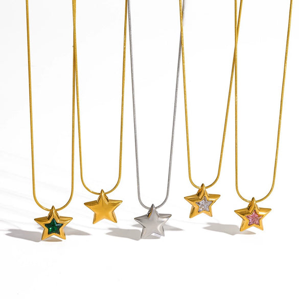 Women's 18K Gold Colored Diamond Encrusted Stainless Steel Titanium Steel Star Necklace With Pvd Furnace Vacuum Real Gold Plating And Round Snake Chain