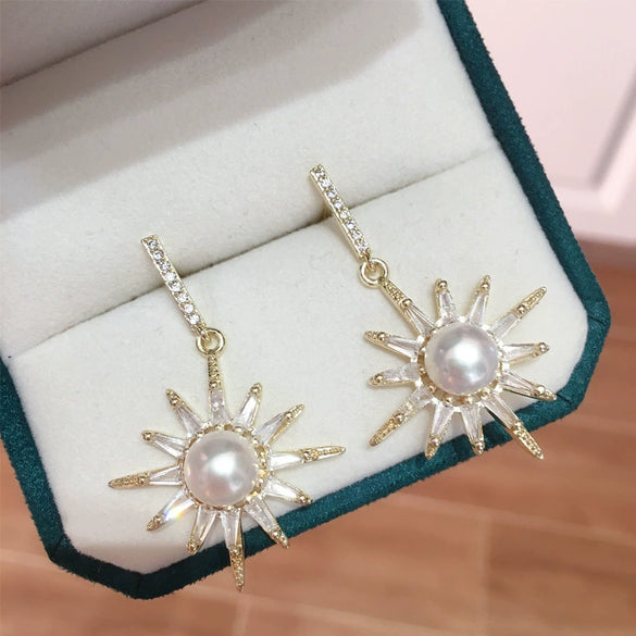 Women's K Gold Craftsmanship Natural Freshwater Pearl Oblate Stud Earrings With Alloy Inlaid Gemstones And Sixpointed Star Design