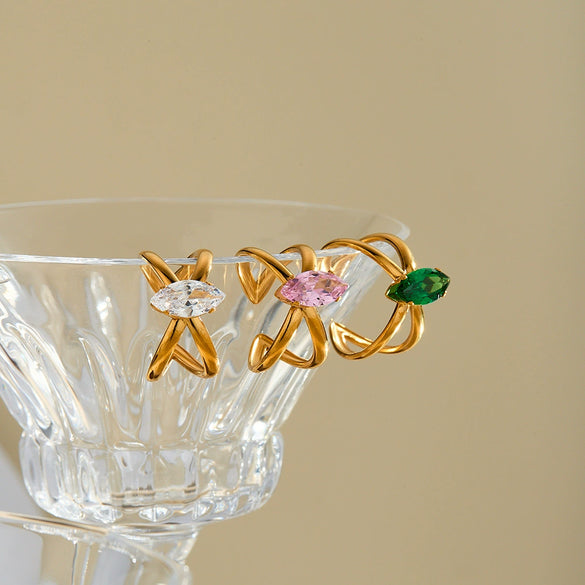 Women's 18K Gold Plated Stainless Steel Adjustable Ring With Zircon Inlay And Geometric Cross Design