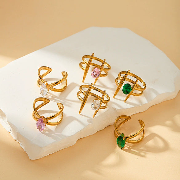 Women's 18K Gold Plated Stainless Steel Adjustable Ring With Zircon Inlay And Geometric Cross Design