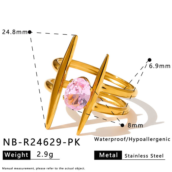 Women's 18K Gold Plated Stainless Steel Adjustable Ring With Zircon Inlay And Geometric Cross Design