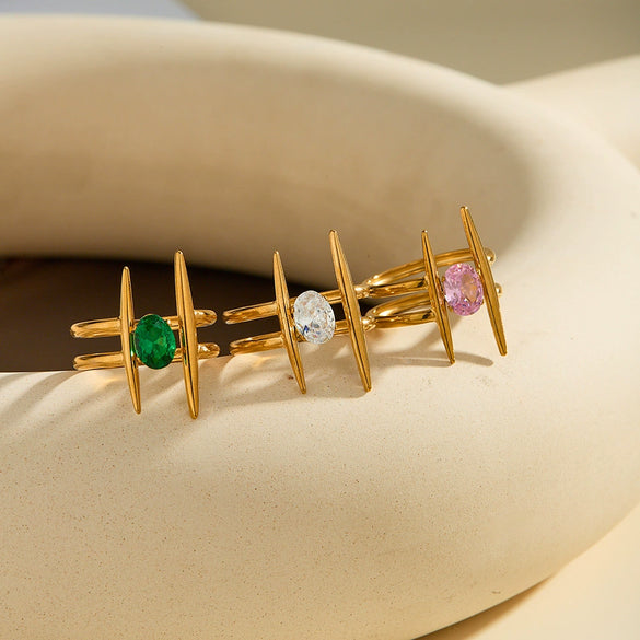 Women's 18K Gold Plated Stainless Steel Adjustable Ring With Zircon Inlay And Geometric Cross Design