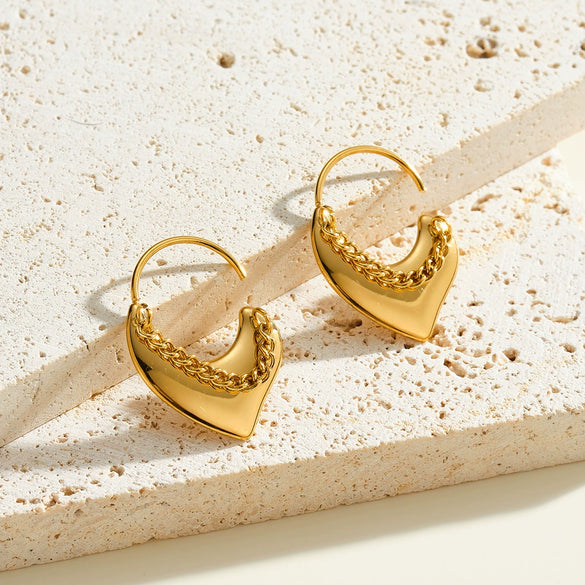 Women’s 18K Gold Plated Stainless Steel Heart Chain Earrings With Geometric Style And Vacuum Electroplated Finish