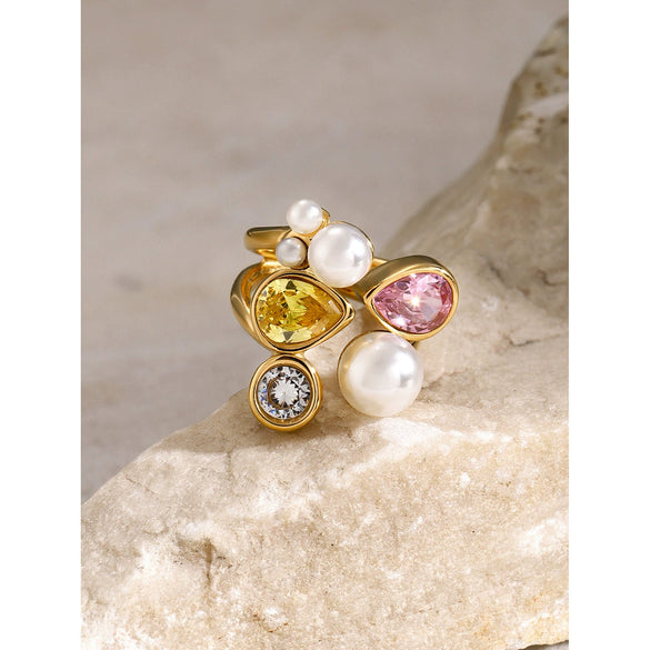 Women's 18K Gold Plated Stainless Steel Irregular Ring With White Zircon And Imitation Pearl Electroplated Opening Titanium Steel Ring