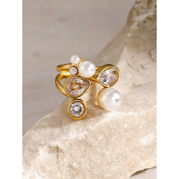 Women's 18K Gold Plated Stainless Steel Irregular Ring With White Zircon And Imitation Pearl Electroplated Opening Titanium Steel Ring
