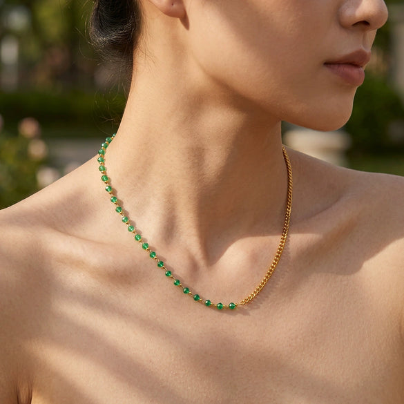 Women's 18K Gold Vacuum Plated Stainless Steel Ball Bead Necklace With Geometric Design And Regular Chain
