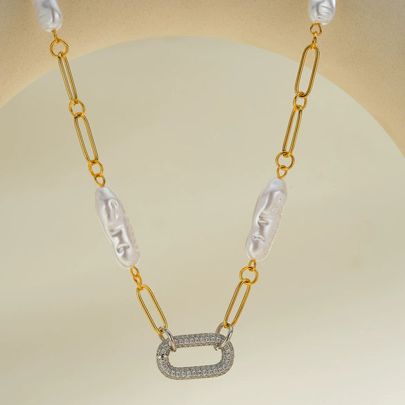 Women's 18K Vacuum Plated Stainless Steel Geometric Necklace With Regular Chain And Elegant Rhinestone Pearl Style