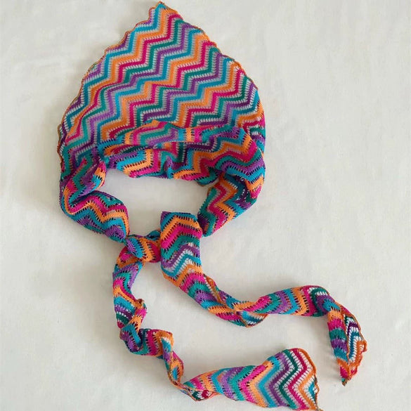 Women's Knitted Hollow Geometric Striped Color Matching Pleated Triangle Scarf Headwear