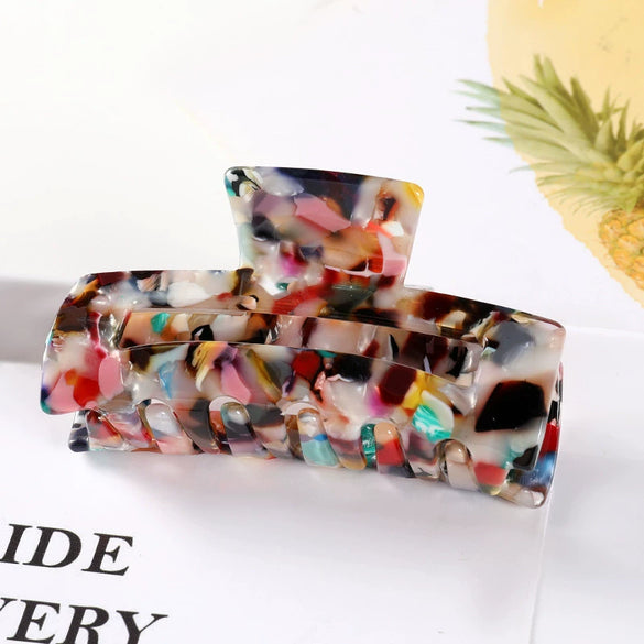 Women's Large Engraved Acrylic Hair Claw Clip Square Top Ponytail Holder Elegant Hair Accessory