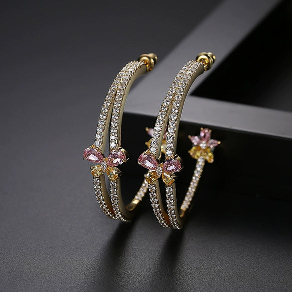Women's Large Flower Statement Earrings With Zircon Crystal Copper Electroplated Geometric Jewelry
