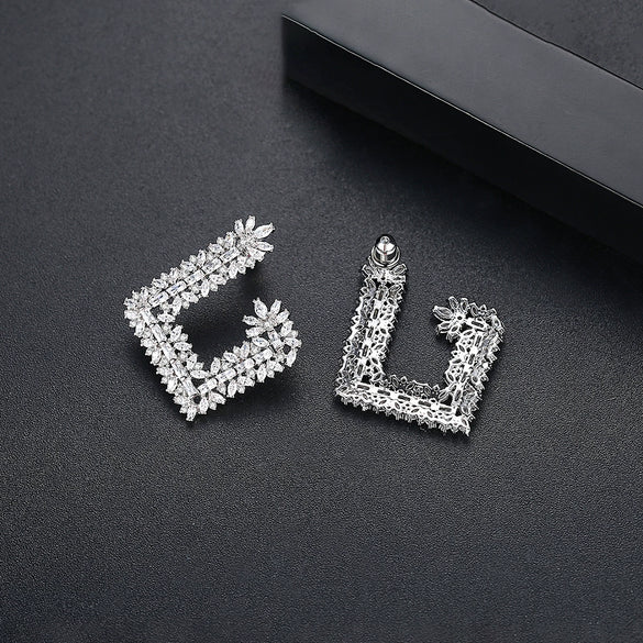 Women's Large Geometric Square Earrings With Full Zircon Embellishment Electroplated Copper Statement Jewelry For Banquets