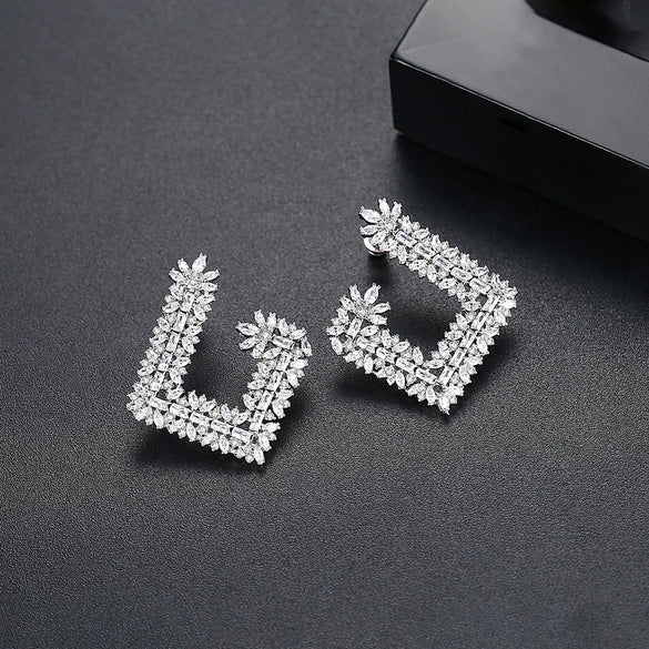 Women's Large Geometric Square Earrings With Full Zircon Embellishment Electroplated Copper Statement Jewelry For Banquets